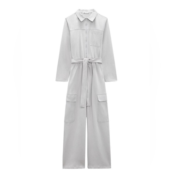 Light Gray Zara denim and cotton cargo jumpsuit. Size large. - Picture 1 of 5